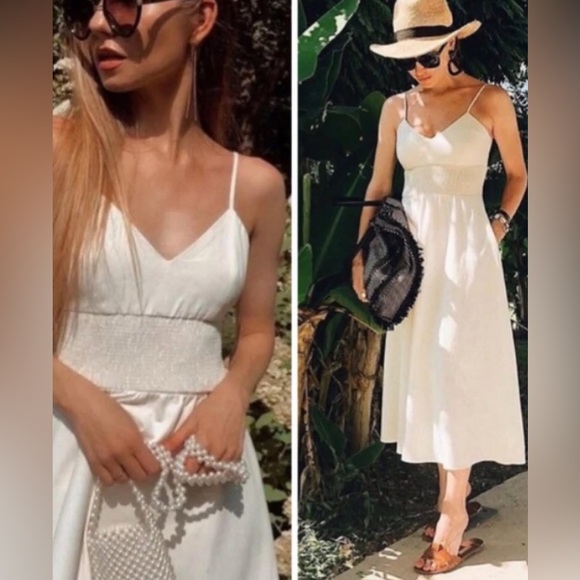 Zara Linen Blend Smocked Midi Sundress Ecru White Size M - Picture 1 of 8